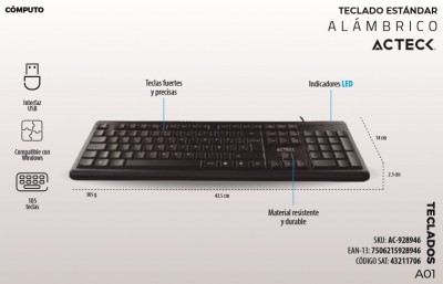 Teclado ACTECK Entry310 AC-928946 USB, Estándar, Negro, Alámbrico | DRI ...